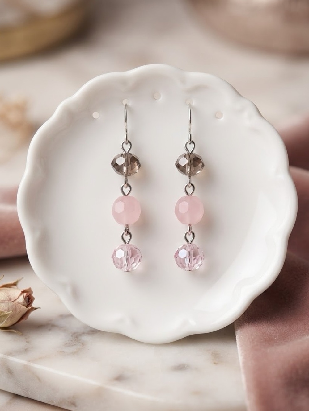 Handmade Pink & Champagne Beaded Dangle Earrings | Rose Pink Crystal Earrings
